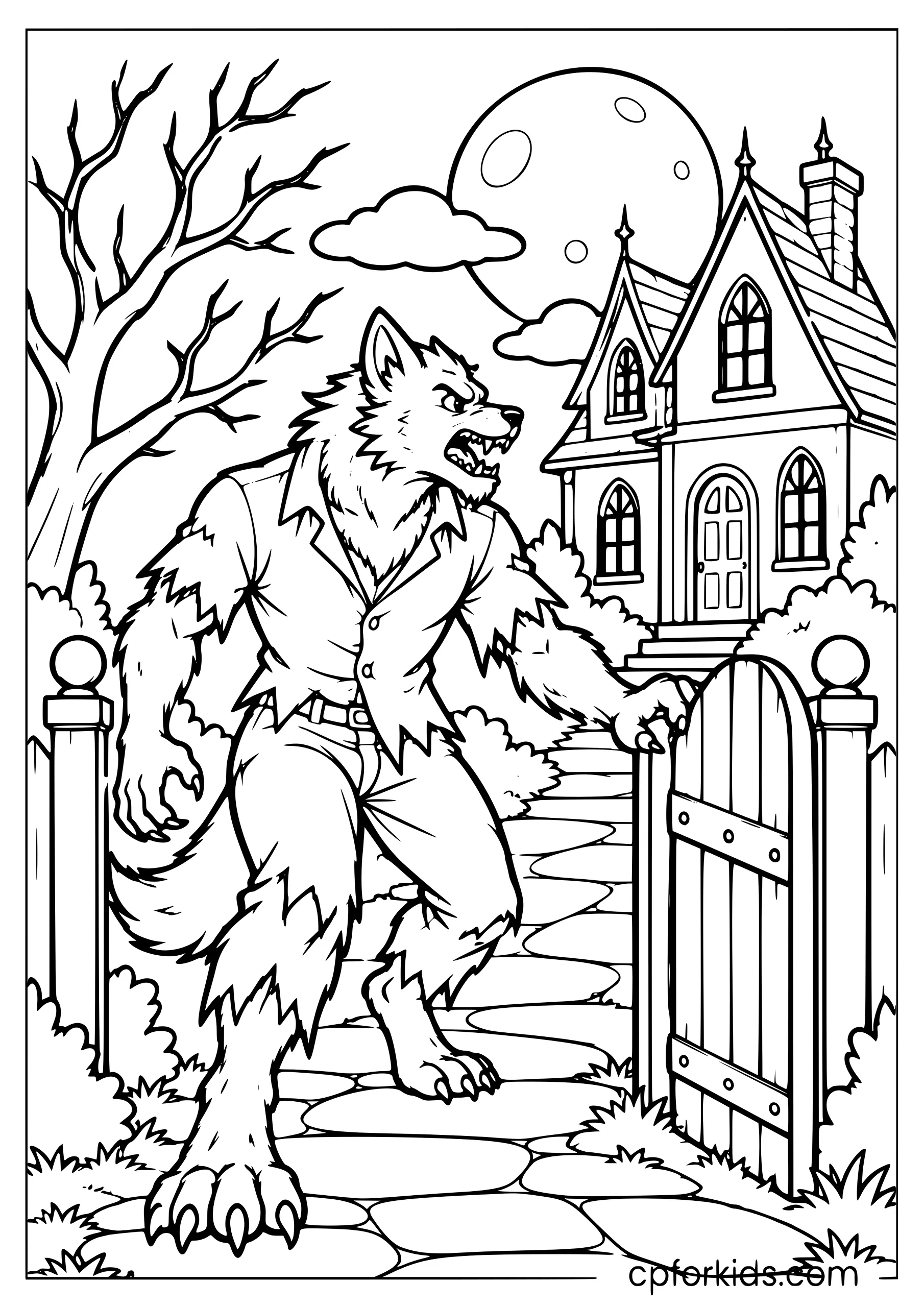 Werewolf opening a gate beside a moonlit haunted house