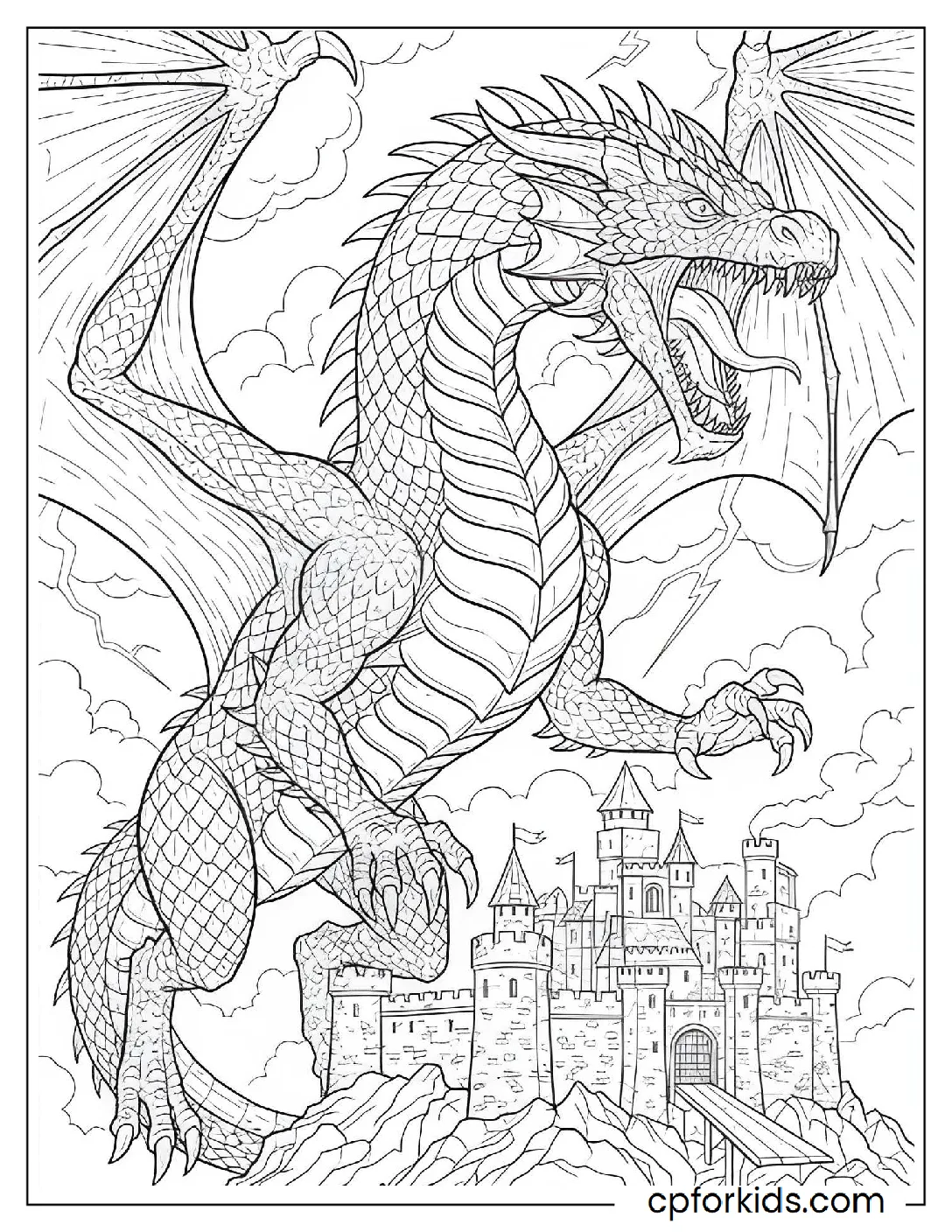 Dragon flying over a medieval castle