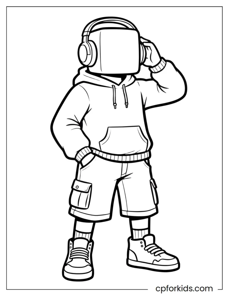 Roblox Avatar Coloring Pages Roblox coloring page featuring a cool blocky avatar with headphones, black and white line art.