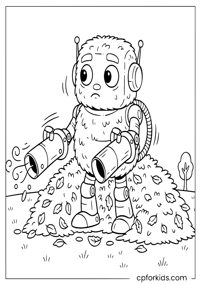Robot blowing autumn leaves in a park