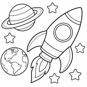 Rocket flying past Earth and a ringed planet