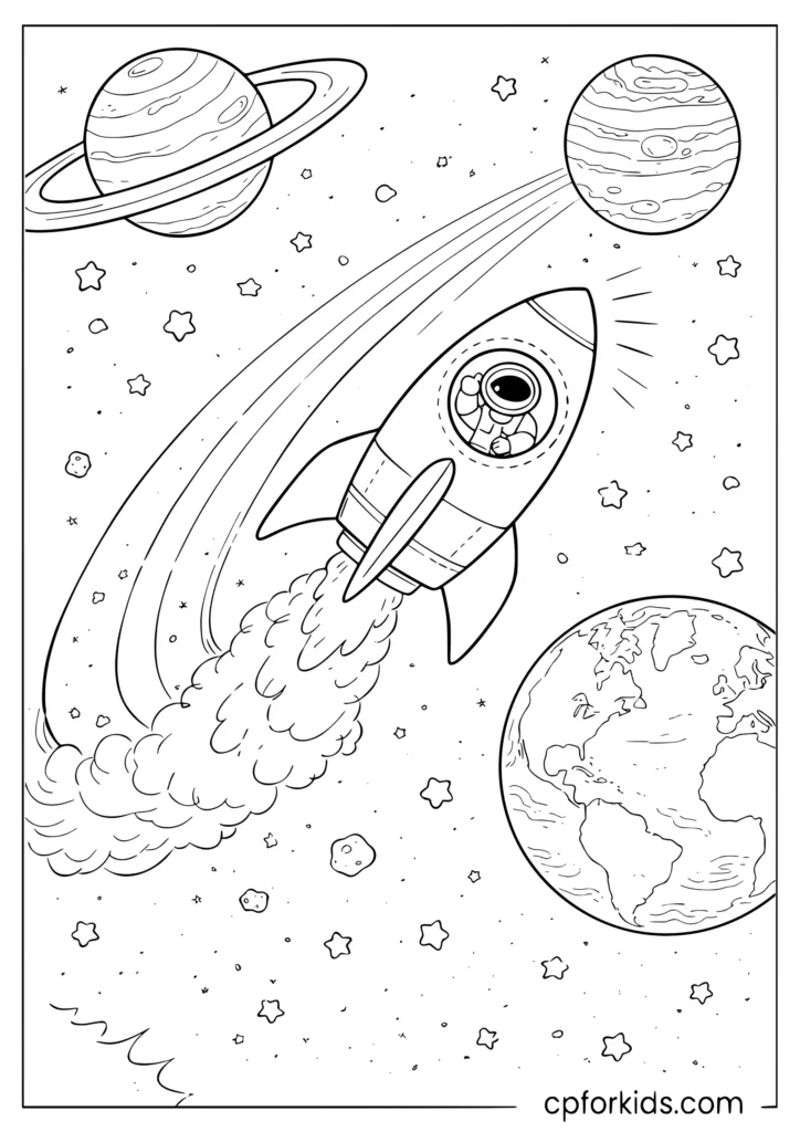 Rocket zooming past Saturn Jupiter and Earth in deep space coloring page for kids