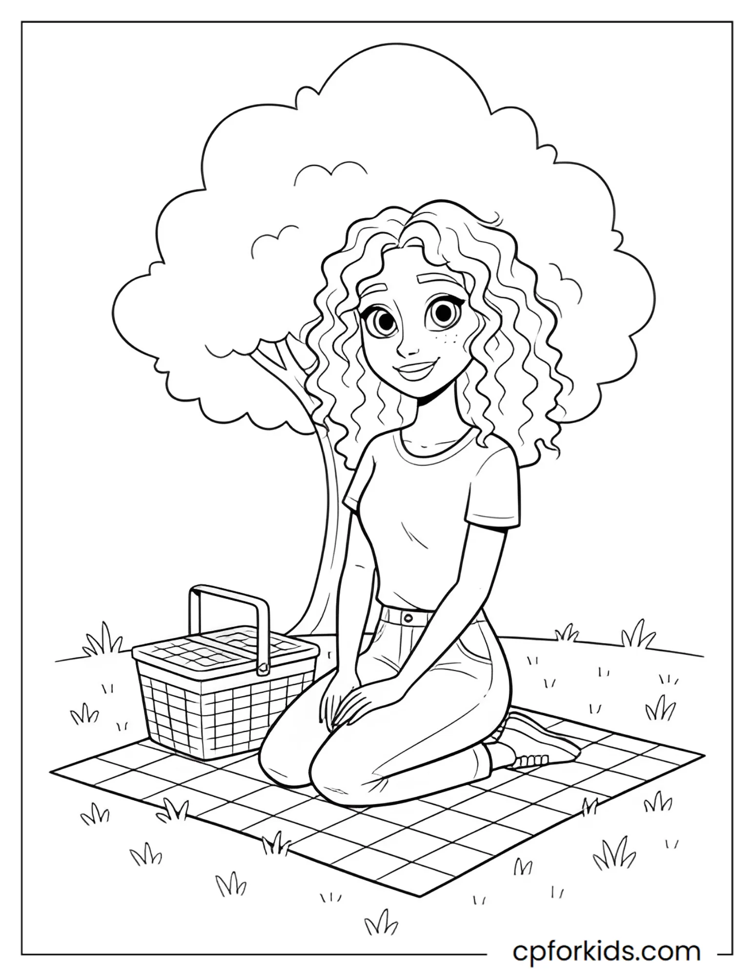 Curly hair princess having a picnic in a park