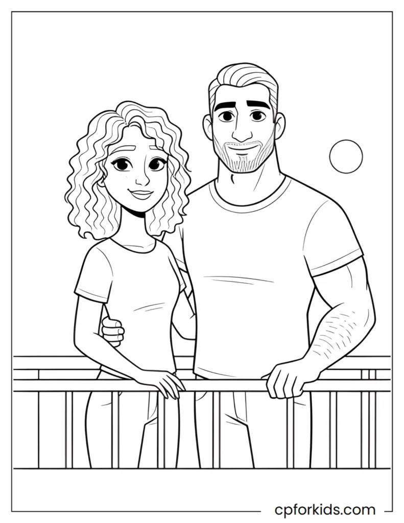 Romantic princess and prince watching the sunset on a balcony coloring page