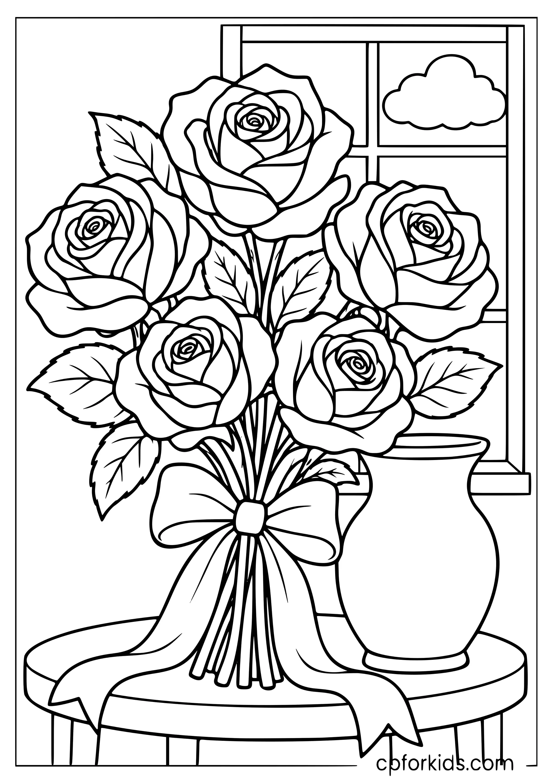 Five roses tied with a ribbon beside a vase