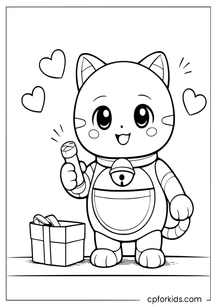 Round gadget robot cat with a bell pulling a simple tool from its magic pocket coloring page