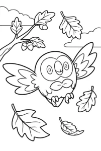 Rowlet flying through falling leaves to color online