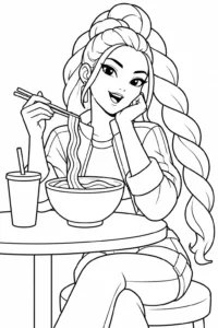 Rumi eating ramen at a small table