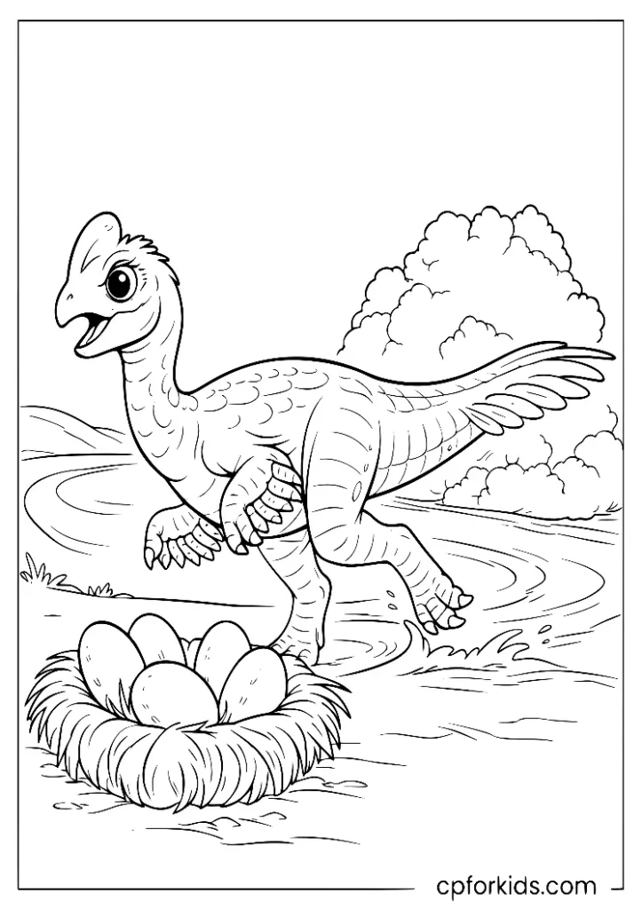 Running oviraptor near an egg nest dinosaur coloring page for kids