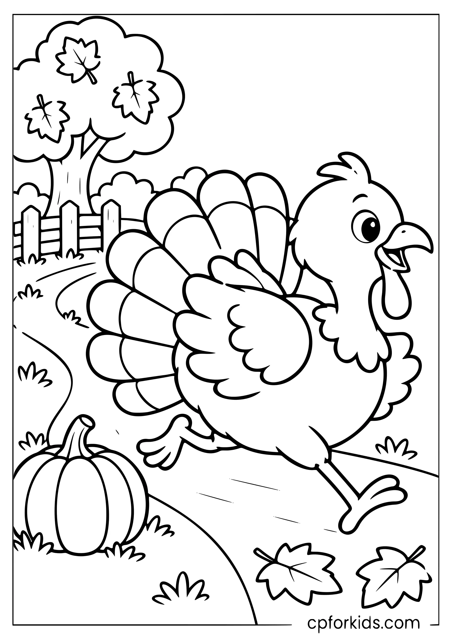 Turkey running along a path past a pumpkin and leaves