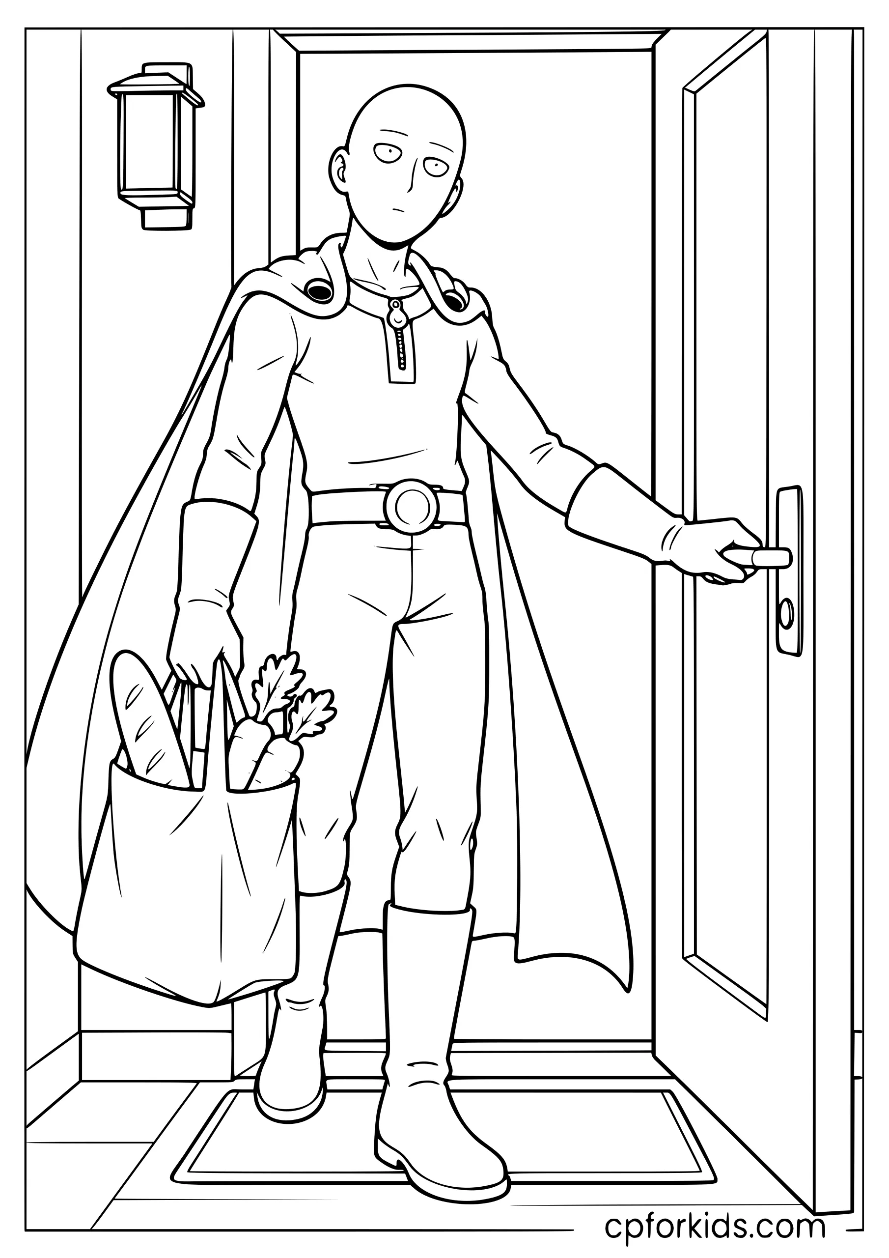 Saitama opening an apartment door while carrying one grocery bag