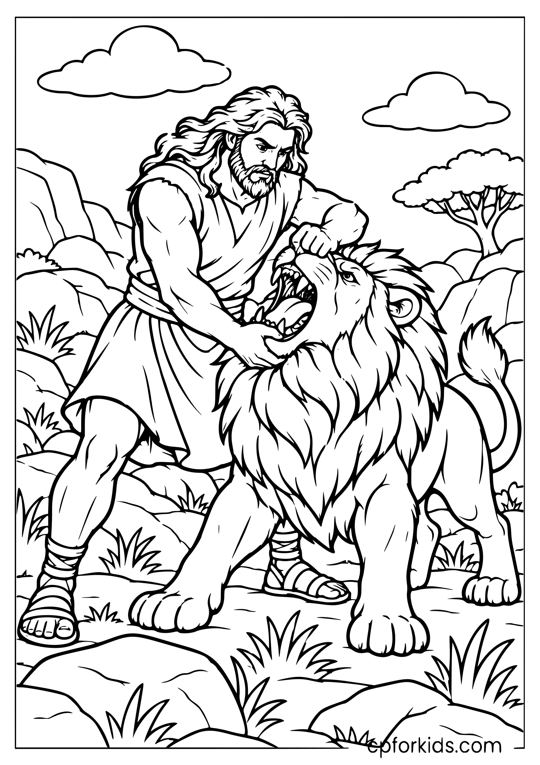 Samson holding a lion’s open jaws in rocky terrain