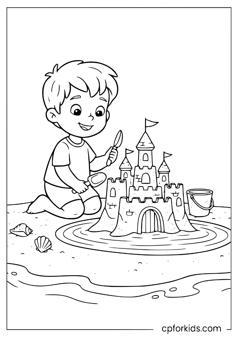 Child building a sandcastle with a water moat on the beach