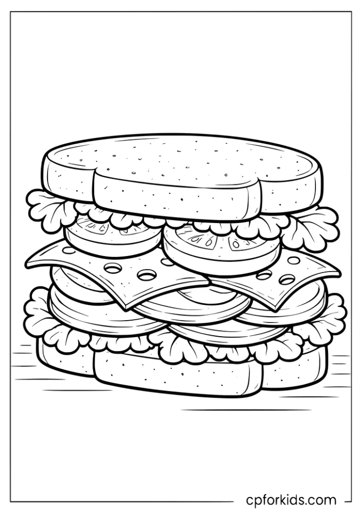 Sandwich fast food coloring page with layers for kids