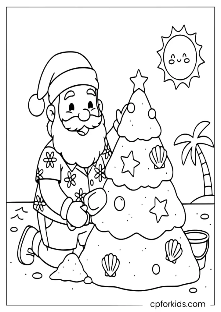 Santa wearing shorts building a Christmas tree out of sand at the beach