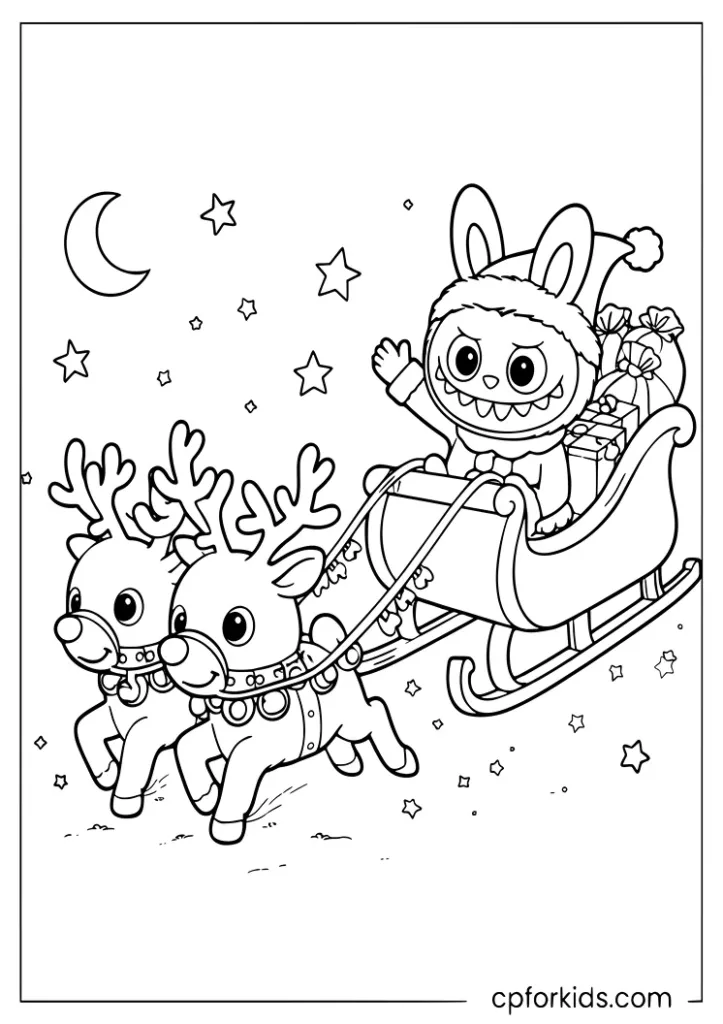 Santa Labubu riding a sleigh with reindeer and bells coloring page