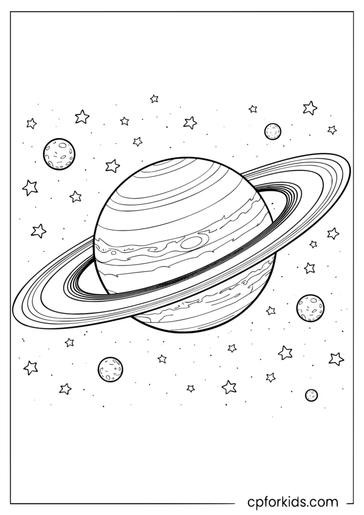 Saturn coloring page with large Saturn showing detailed ring system and surface bands