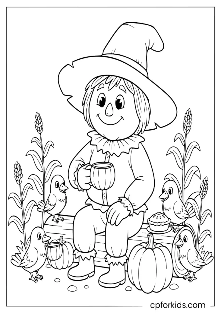Scarecrow having a tea party with crows, November cornfield coloring page.