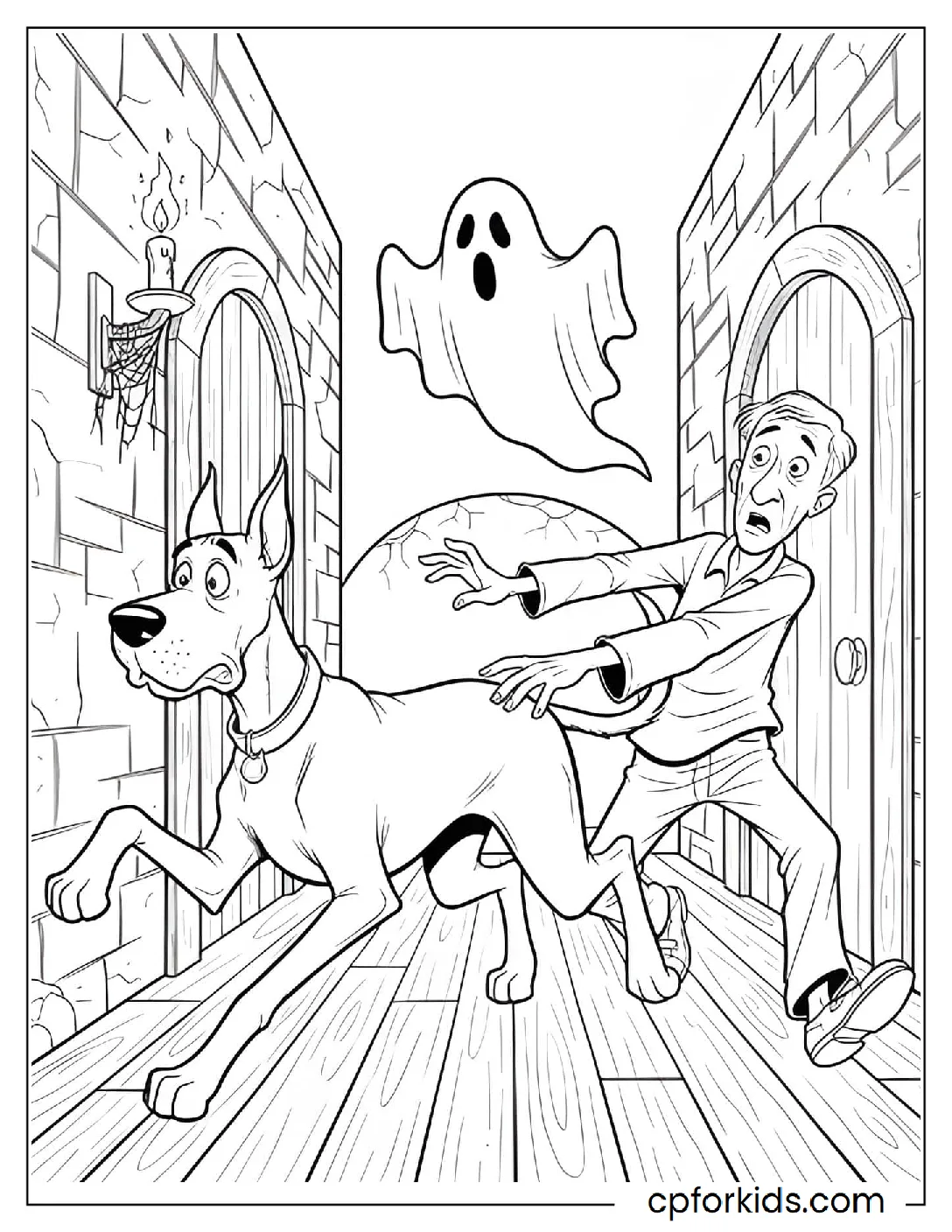 Scared dog and figure fleeing a ghost