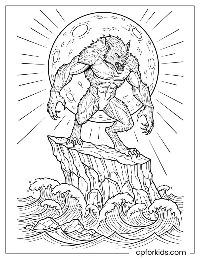 Highly detailed realistic werewolf standing on a cliff under a full moon, free printable coloring page.