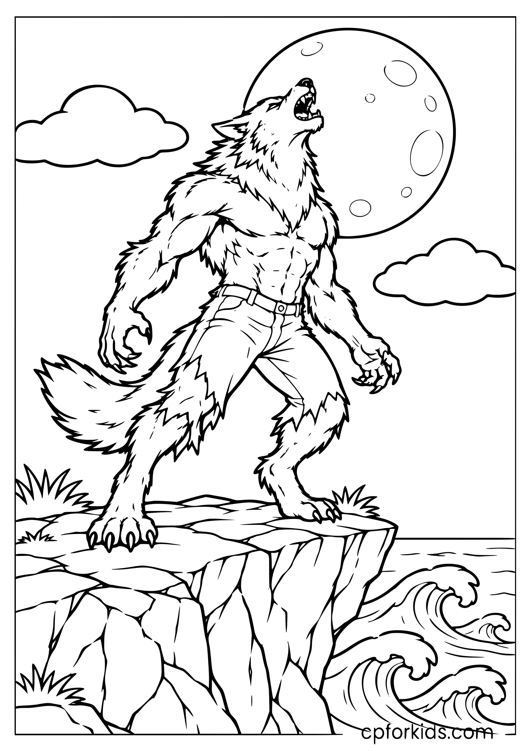Werewolf howling on a sea cliff beneath the moon