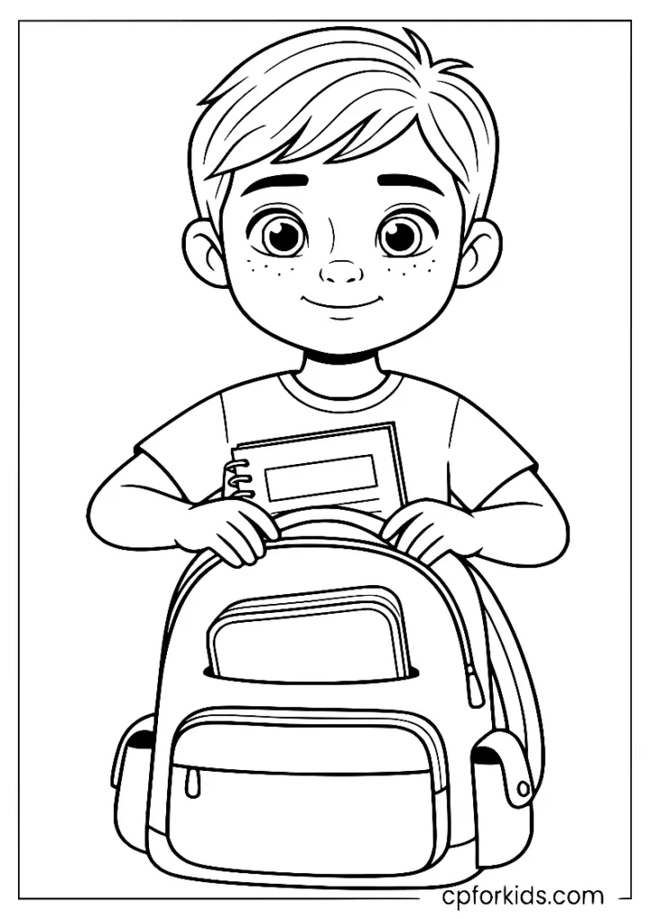 Student packing pencils and supplies into a backpack, school coloring page printable