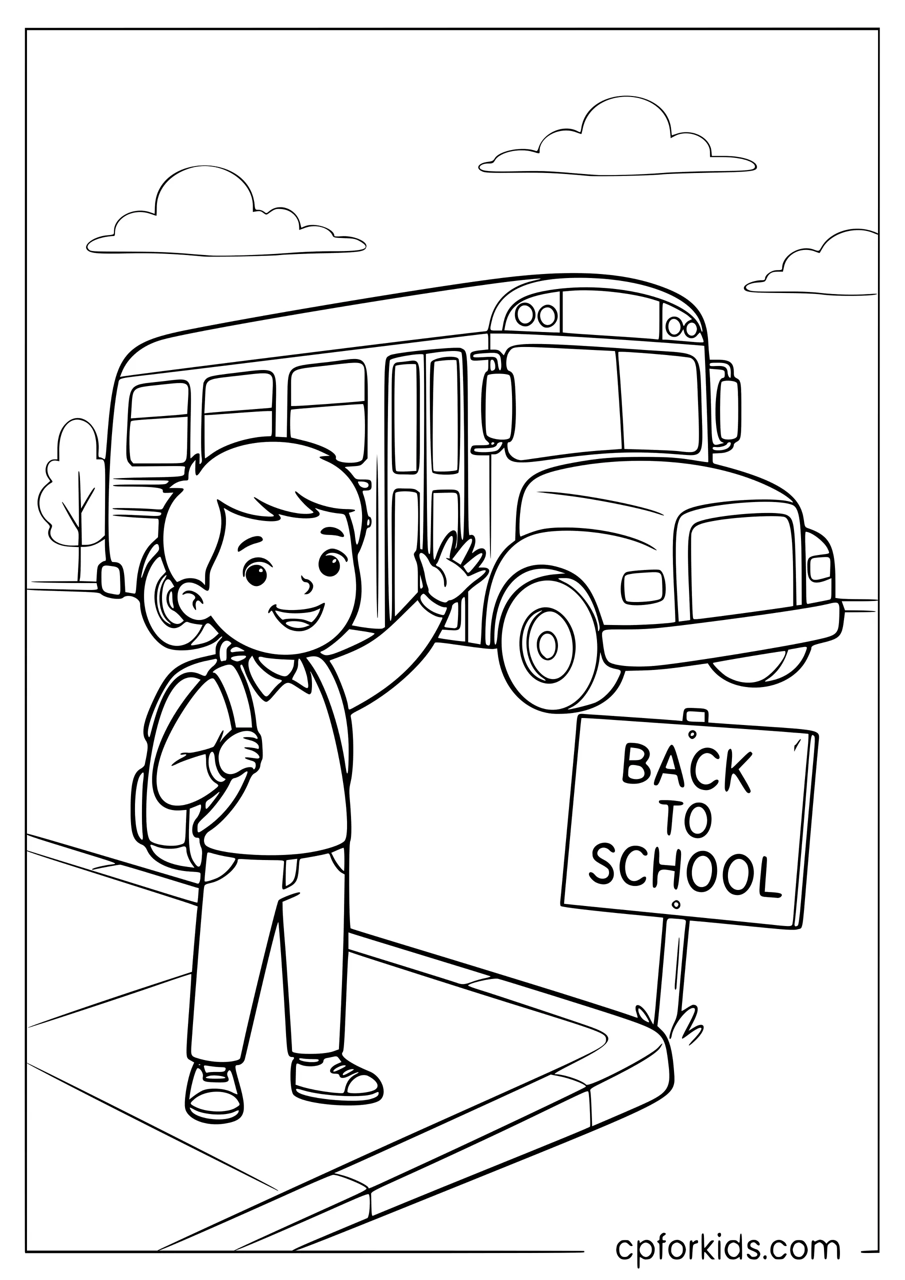 Child waving beside a school bus with a "Back to School" sign