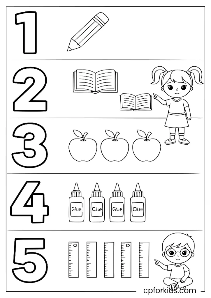 Kids learning numbers with school items, printable math coloring page for kids