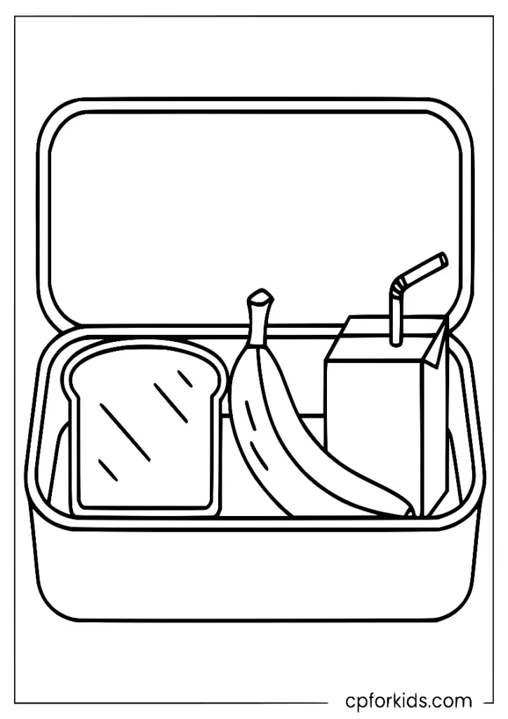 Open lunchbox with sandwich and fruit coloring page