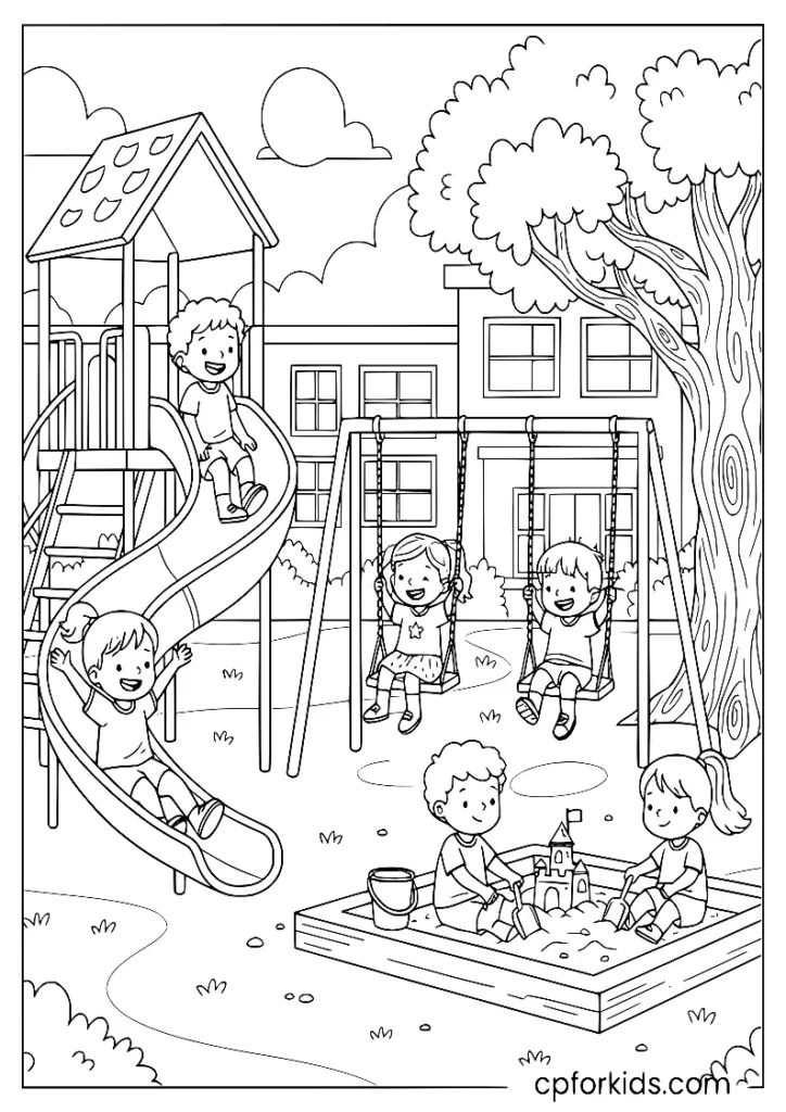 Kids playing on playground during recess, school themed coloring page