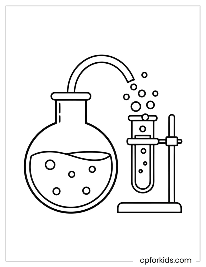 Science experiment coloring worksheet featuring a simple lab setup with beakers and test tubes.