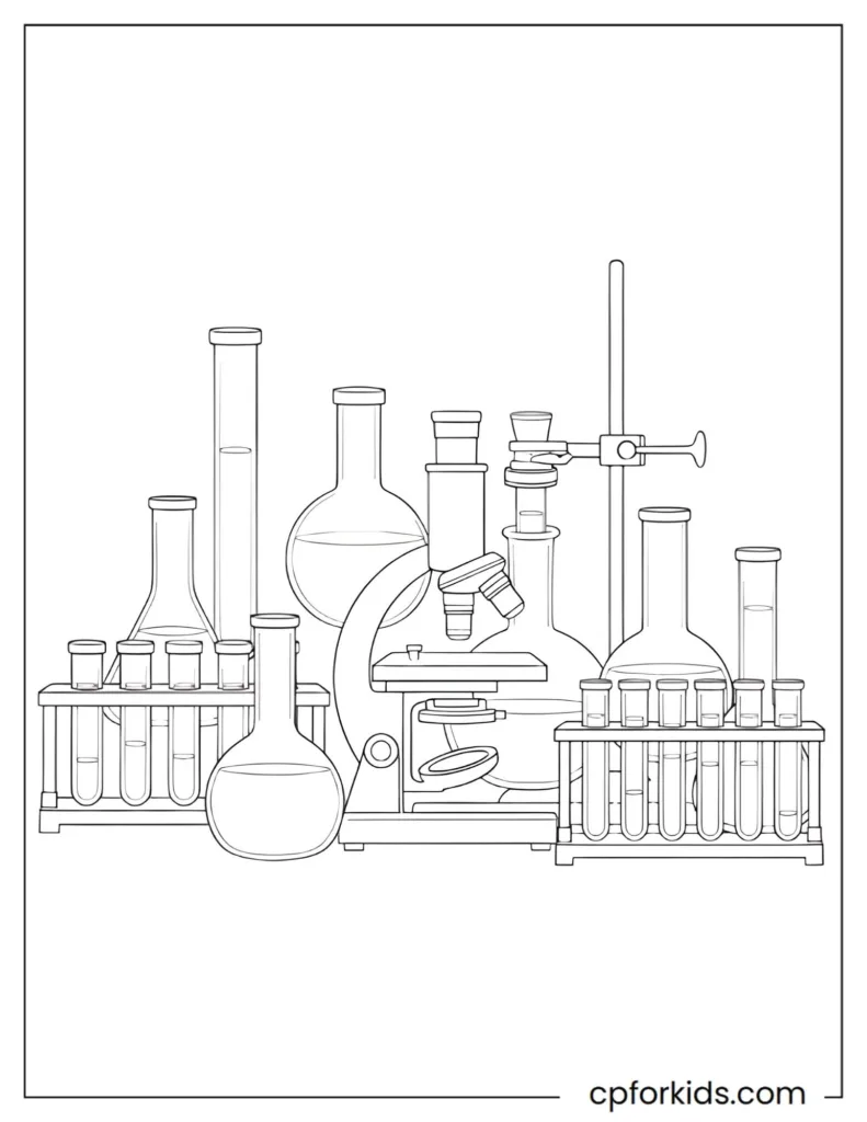 Science lab tools coloring page featuring beakers, test tubes, flasks, and a microscope in a clean layout.