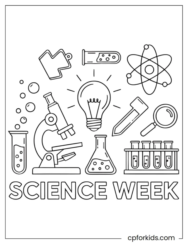 Science week coloring page featuring classic science icons like a microscope and lab tools.