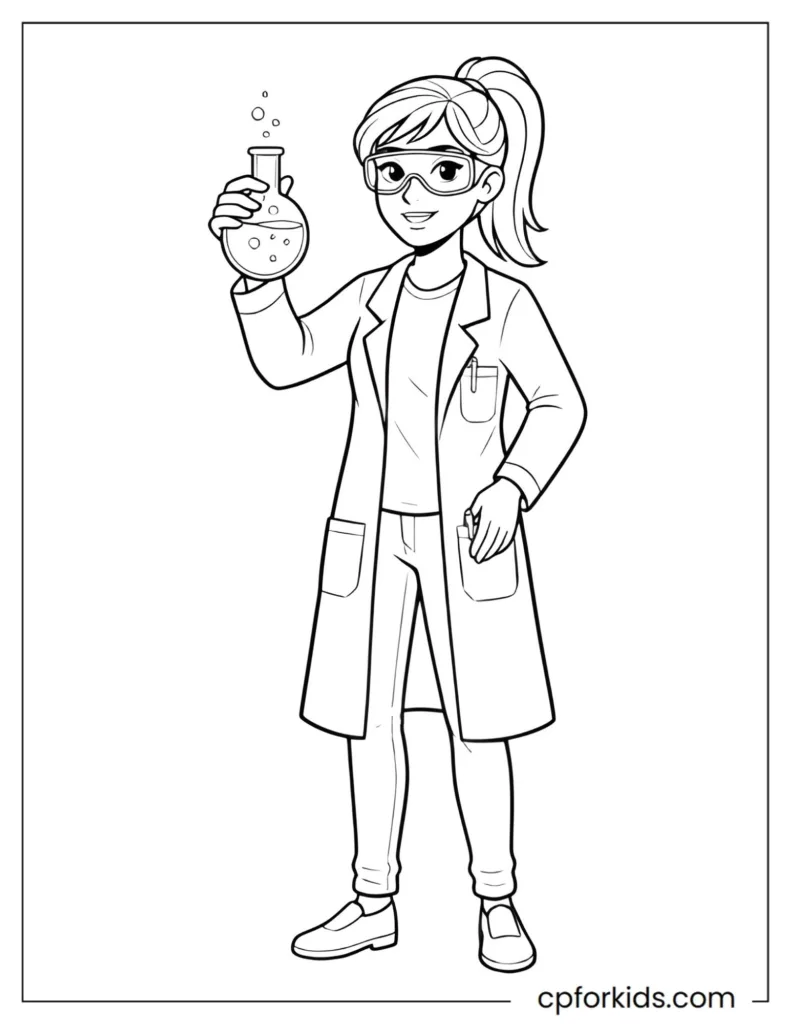 Scientist coloring page featuring a lab coat scientist holding a beaker in a science lab setting.