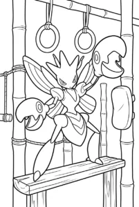 Scizor training among bamboo poles and hanging rings