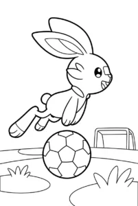 Scorbunny leaping over a soccer ball on a grassy field