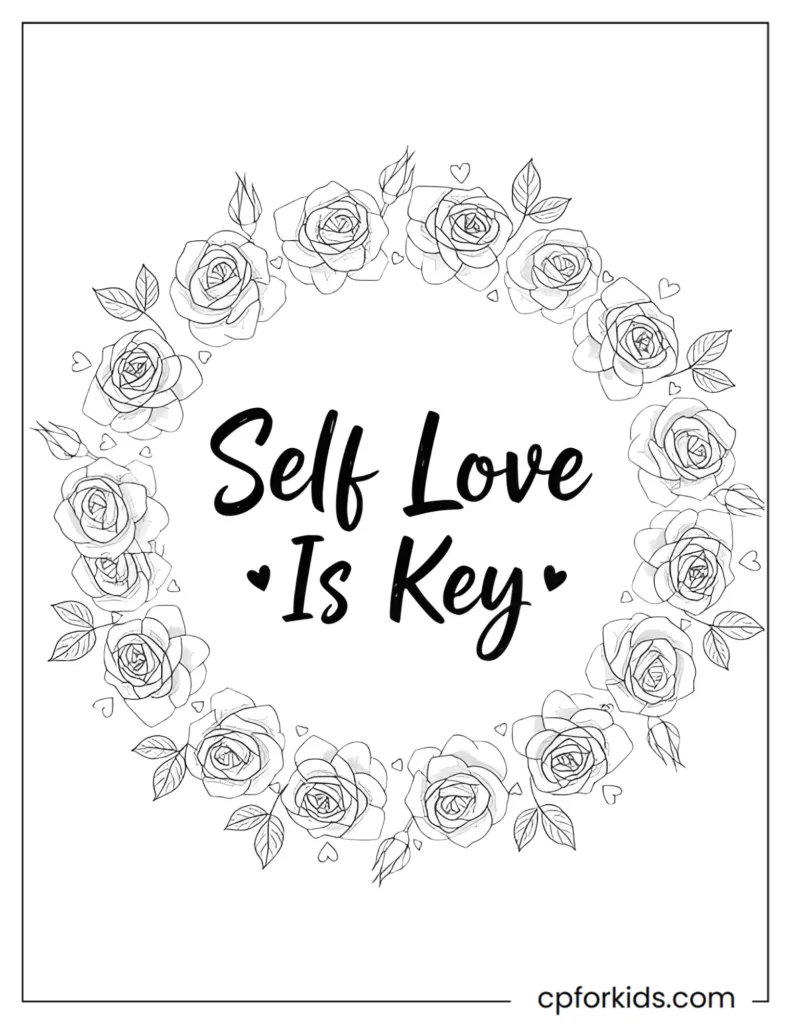 Self-Love Quote Coloring Pages Self-love quote coloring page showing the phrase “Self Love is Key” surrounded by hearts and elegant rose illustrations in fine line art.
