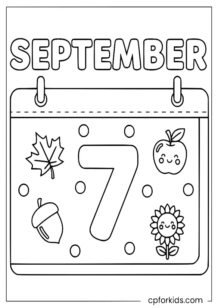 A September 7 calendar coloring page featuring an apple, a flower, and an acorn with autumn leaves.