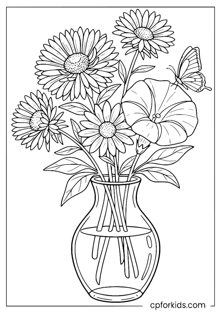 Aster and morning glory in a vase, September birth flower coloring page
