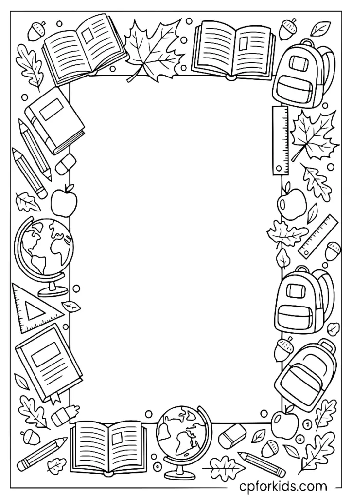 A September border frame with school supplies and autumn leaves.