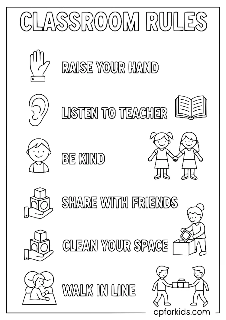 Classroom rules poster with cute icons, school coloring page printable