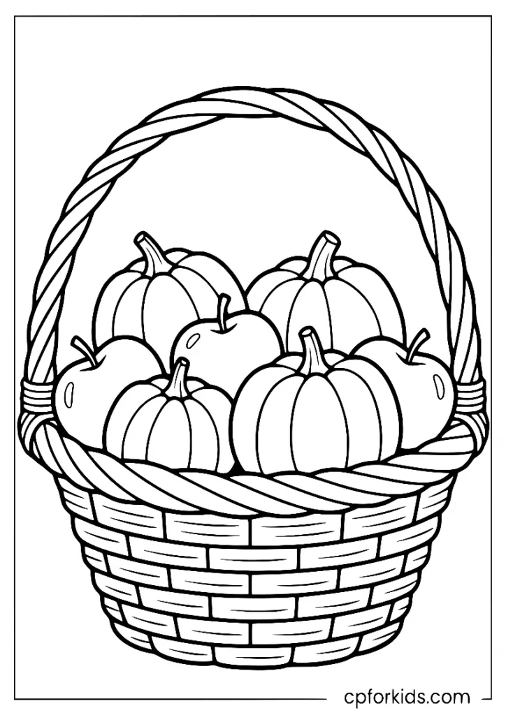 Harvest basket with apples and pumpkins coloring page