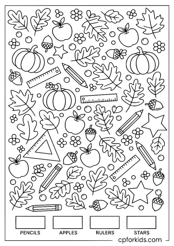 I spy page with pencils and rulers, school activity coloring page printable