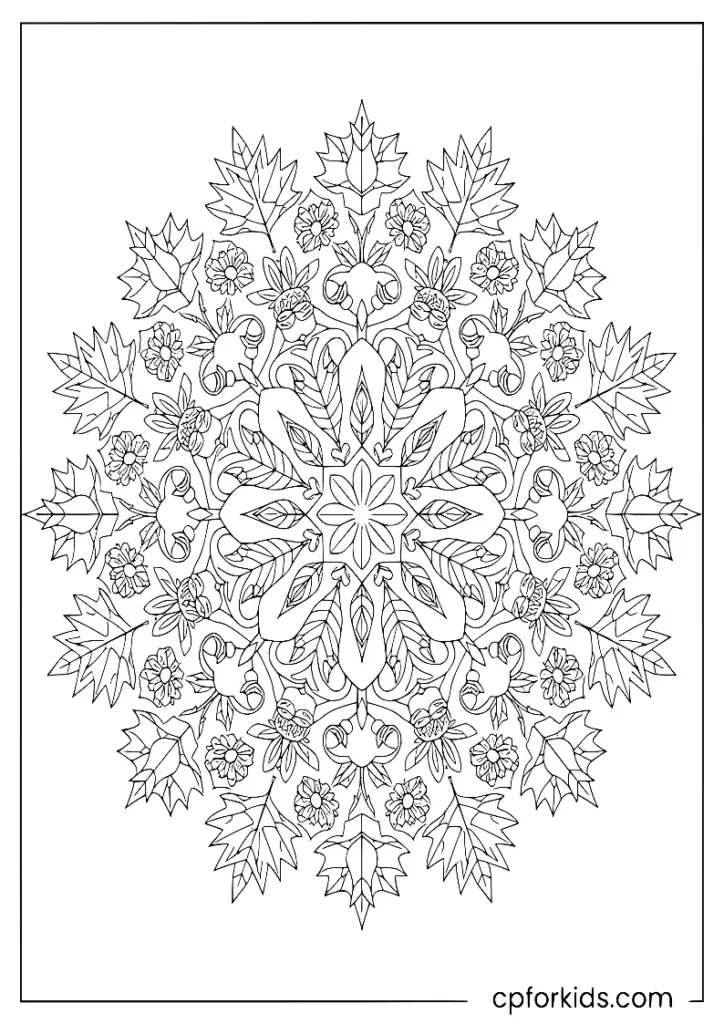 A symmetrical mandala with autumn leaves and flowers for September.