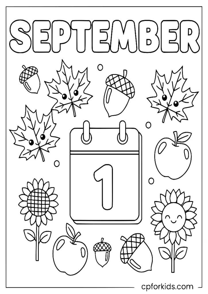 A September 2026 calendar page with a large number 1, apples, sunflowers, acorns, and autumn leaves.