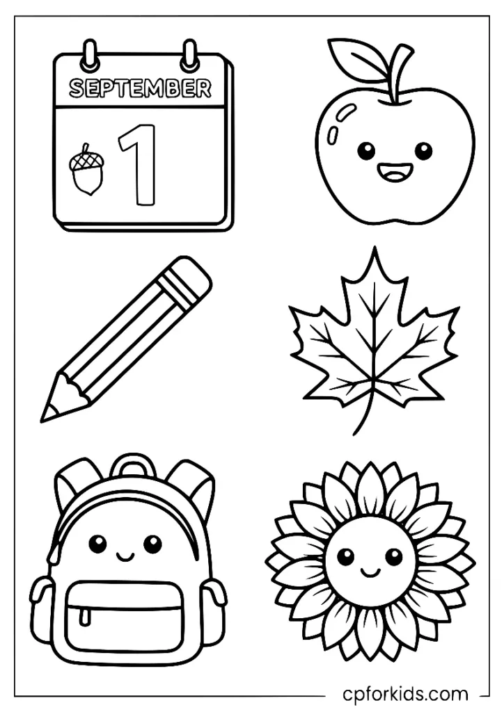 A September calendar with an apple, a pencil, autumn leaves, a school backpack with a face, and a smiling sunflower.