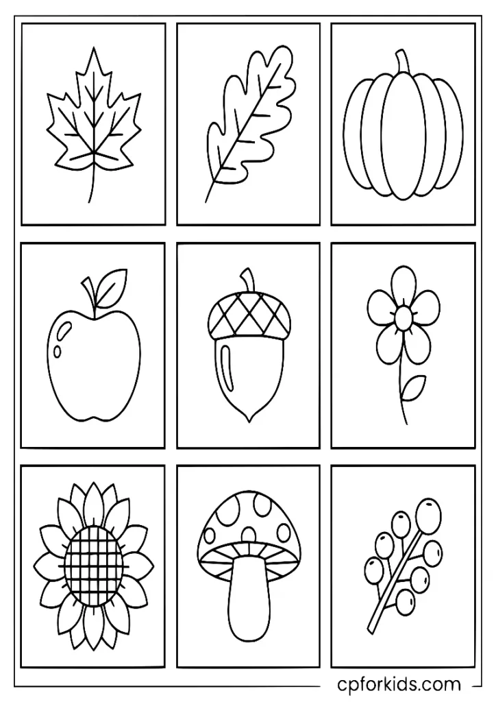 September icons with apples, leaves, and small pumpkins, printable coloring page