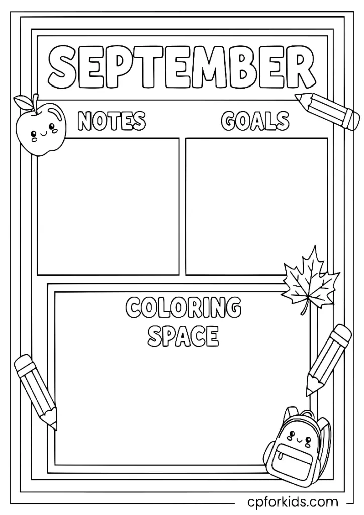 A September planner layout with autumn leaves and school-themed borders.