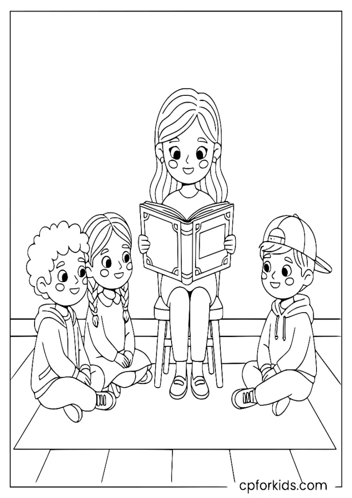 Teacher reading to children in a circle, classroom story time coloring page