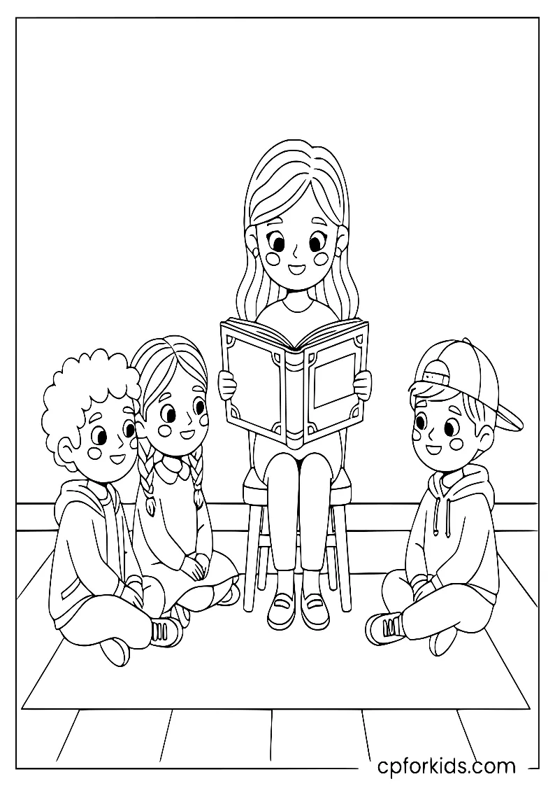 Teacher reading to children in a storytime circle
